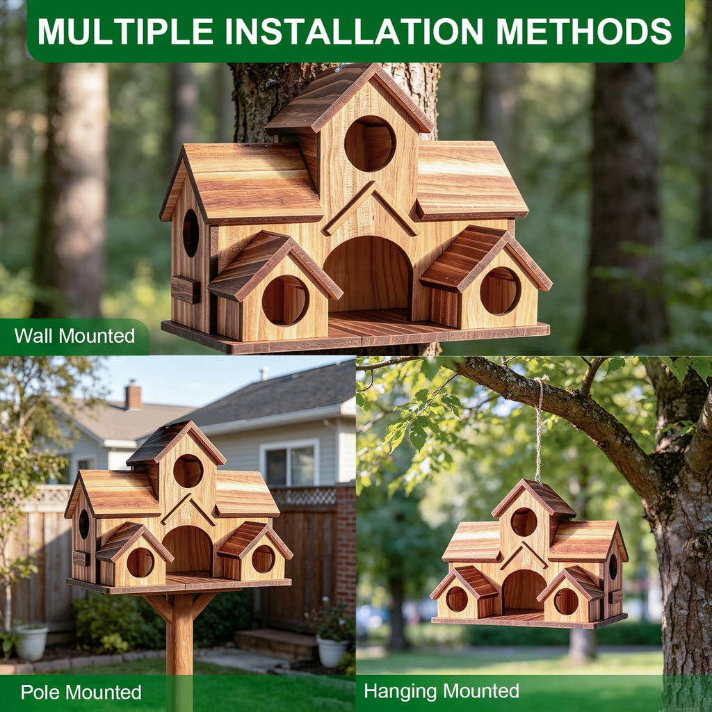 Bird House for Outside, 5-Hole Outdoor Wooden Birdhouse for Chickadee Bluebird Finch Wren Hummingbird, Weatherproof