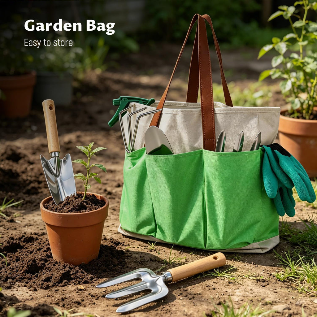 Gardening Tool Set, Heavy Duty Stainless Steel Hand Tools with Wooden Handles, Storage Tote Bag, Ergonomic Design
