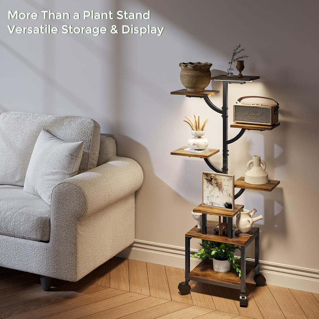 Plant Stand Indoor with Grow Lights - 7-Tier Plant Stand with Wheels, Tall Metal and Wood Indoor Plant Shelf with Tree