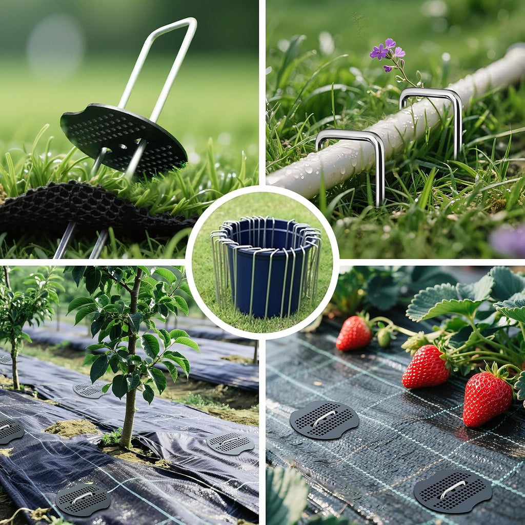 50Pcs Garden Staples +50Pcs Gasket +Pick Hook +Rubber Mallet, 6 Inch Landscape Fabric Stakes Galvanized Weed Barrier