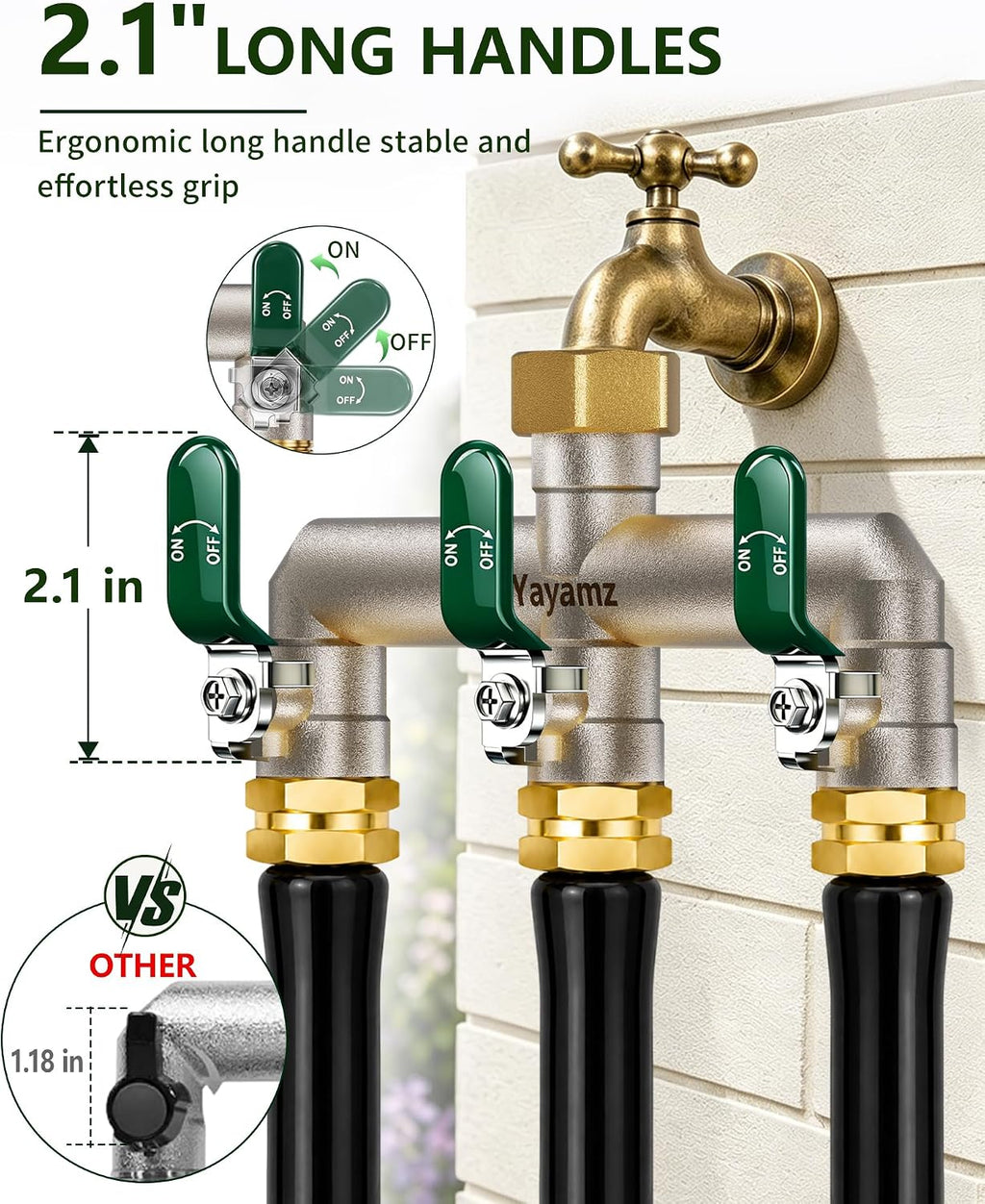 3 Way Garden Hose Splitter, 3/4" GHT Full Flow Hose Splitter | One-Piece Heavy Duty Full Brass Body with Shut-off