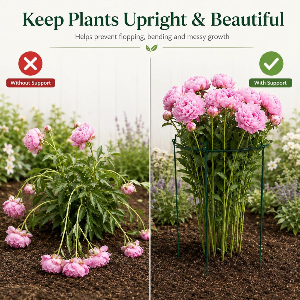 7 Pack Peony Cages and Supports, 13.8" D x 23.6" H Grow Through Plant Supports for Outdoor Plants, 4-Leg Metal Flower