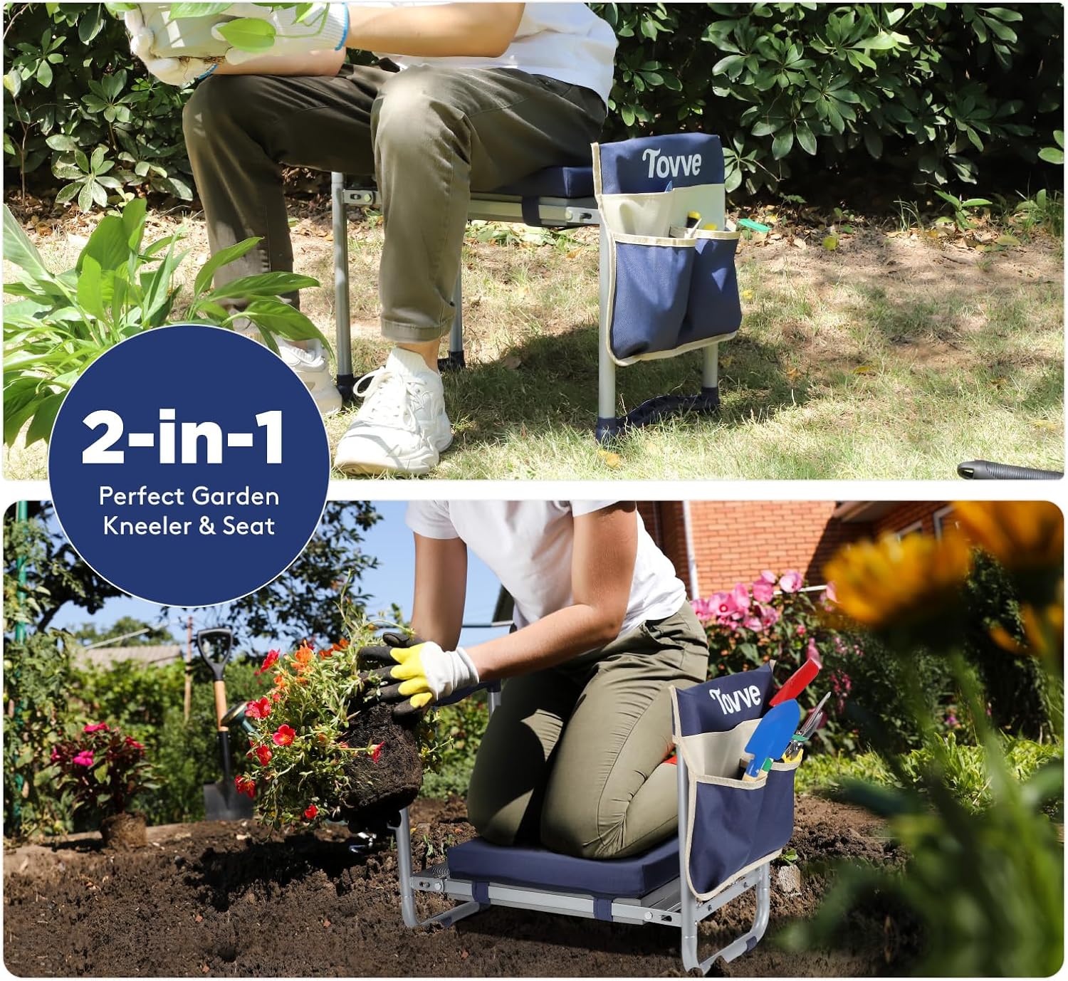 Tovve Foldable Garden Kneeler and Seat, Heavy Duty Garden Stool with 10" Wide Detachable Kneeling Pad, Portable Garden