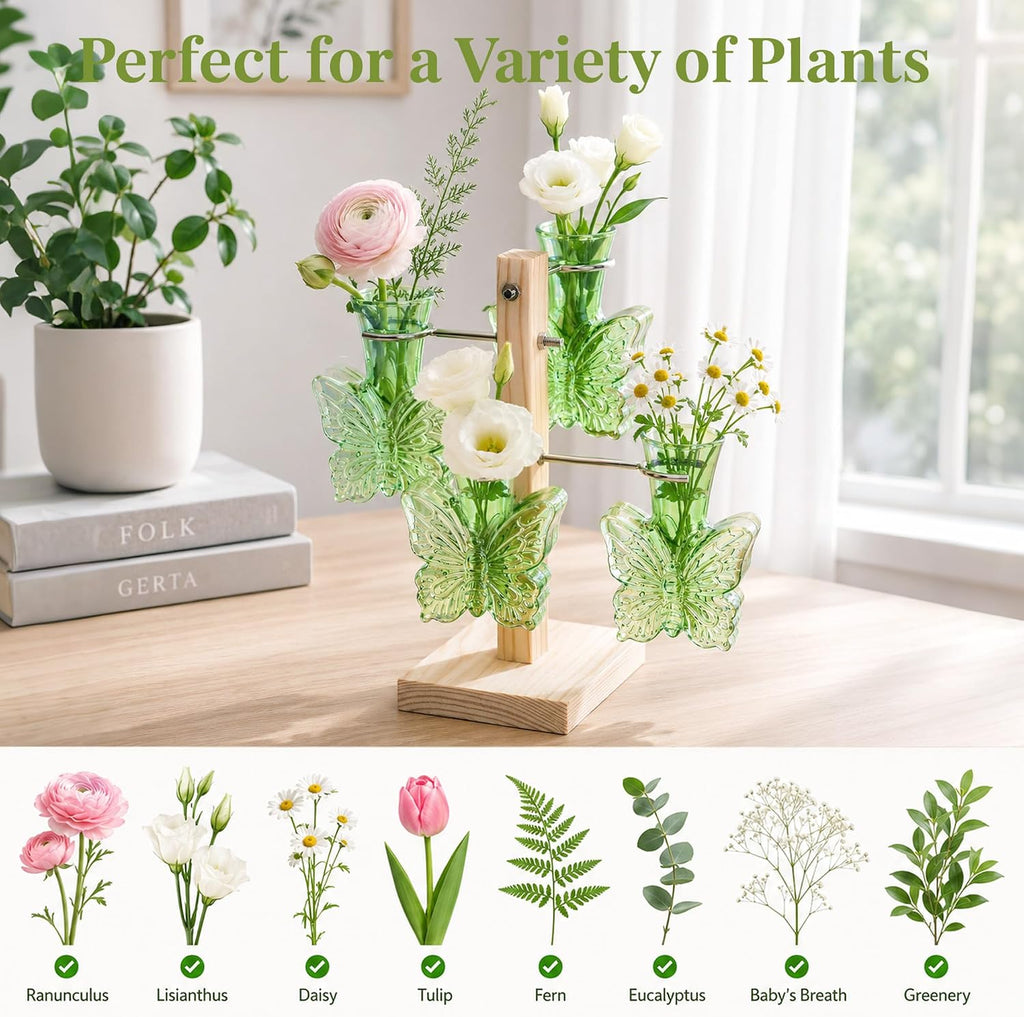 Plant Terrarium Propagation Stations: Green Vase with Wooden Stand | Irised Crystal Clear Glass, Butterfly Shaped, Home