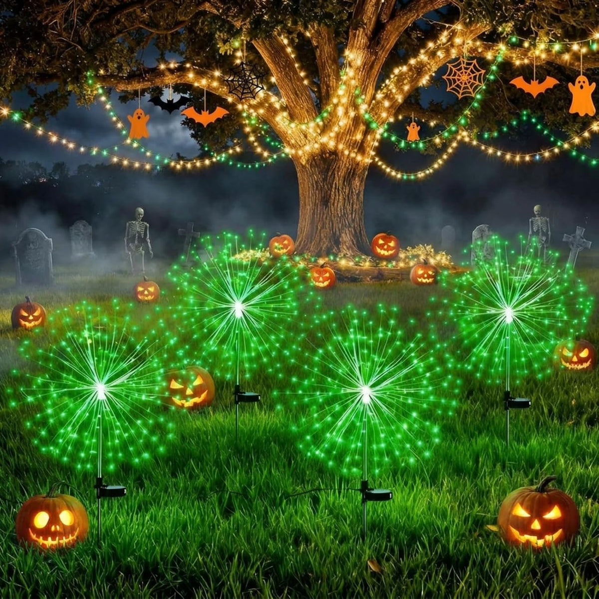 Tujoe 4 Pack Halloween Solar Firework Lights Outdoor Solar Decoration,Green