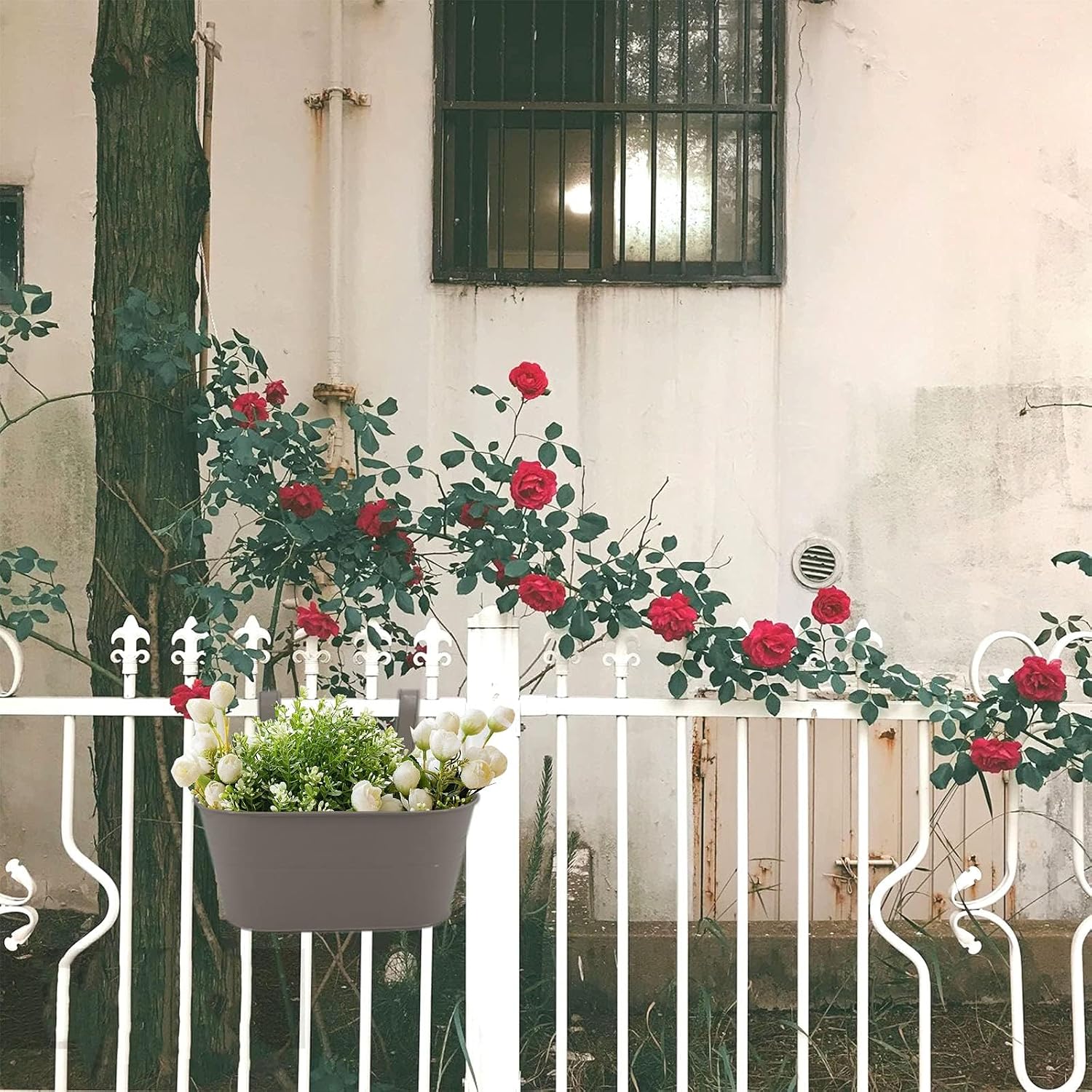 3 Pack Metal Railing Planters, 10.5" Oval Hanging Flower Pots with Detachable Hooks & Drainage Holes, Fits Rails up to