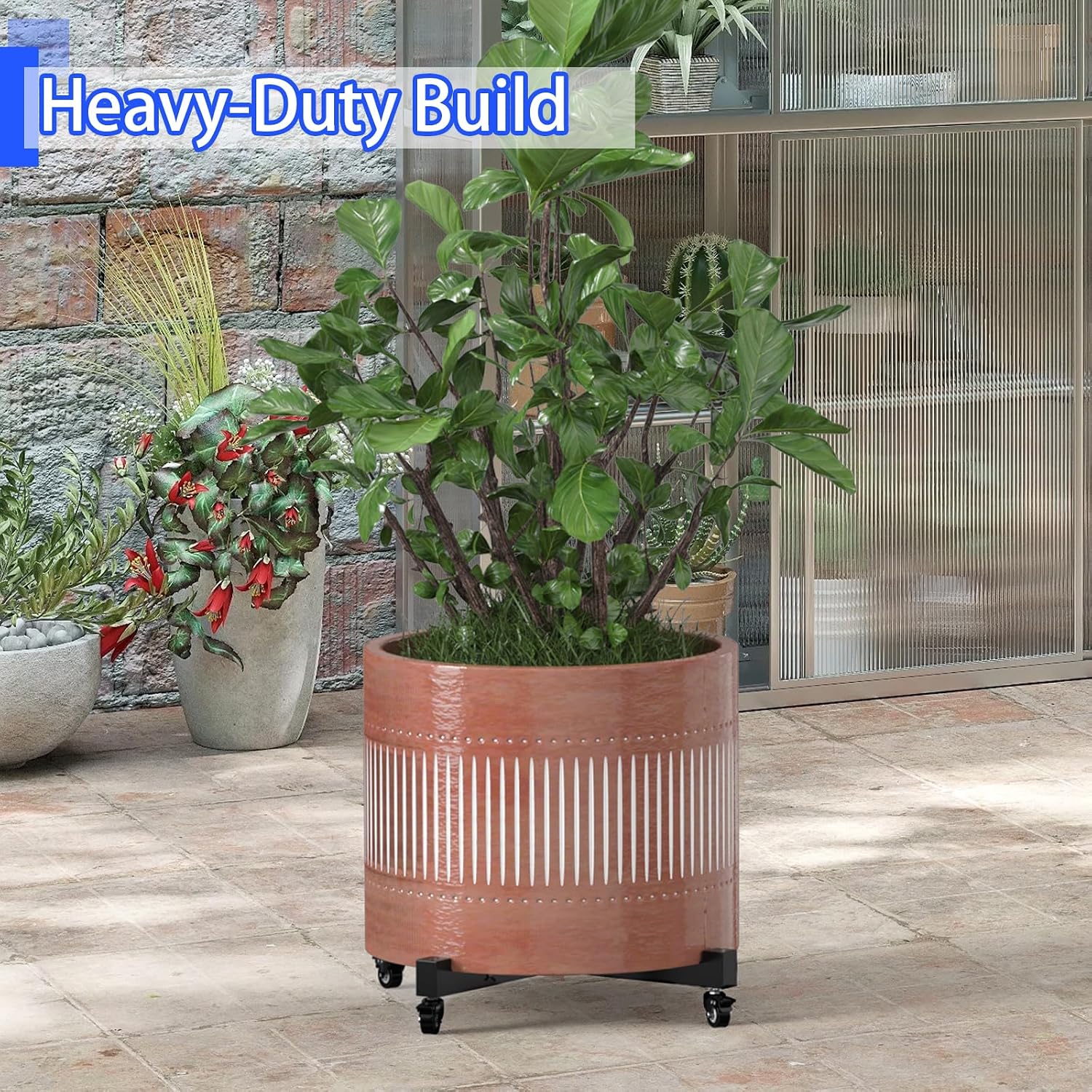 Plant Caddy With Wheels, 21" to 30" Heavy Duty Rolling Plant Dolly, Metal Plant Stand With 4 Lockable Caster Wheels