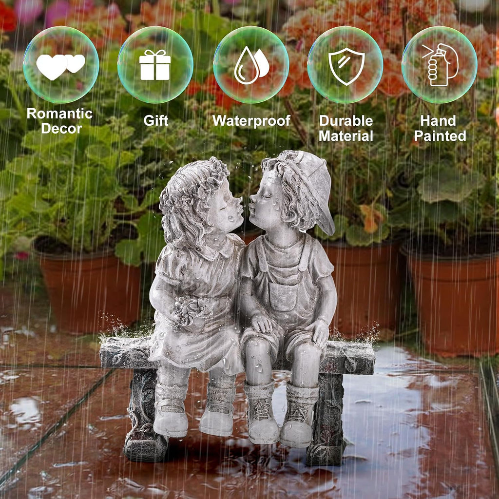 Lily's Home 8.25-Inch First Kiss Statue - Resin Garden Decor for Outside - Outdoor and Garden Decorations - Little Girl