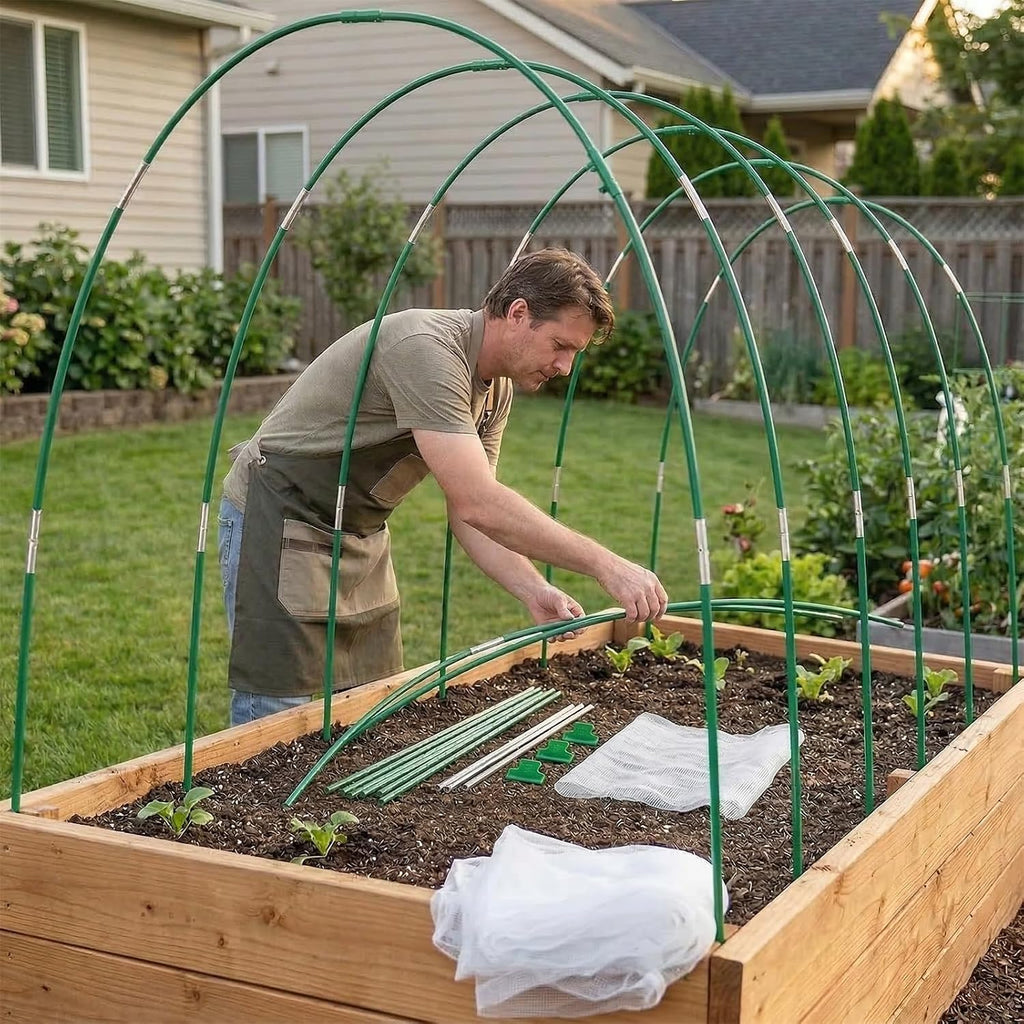 Garden Netting Kit for Raised Beds, 10x30FT Plant Cover Ultra Fine Mesh Netting & 6 Sets Fiberglass Garden Hoops & 18