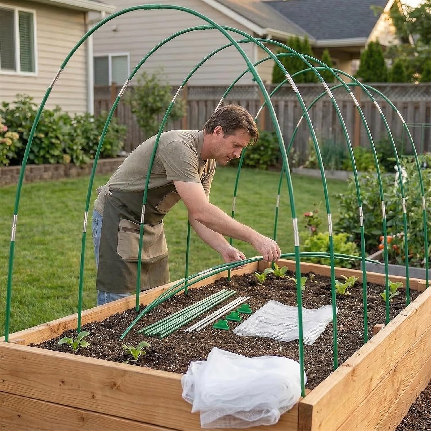Garden Netting Kit for Raised Beds, 10x30FT Plant Cover Ultra Fine Mesh Netting & 6 Sets Fiberglass Garden Hoops & 18