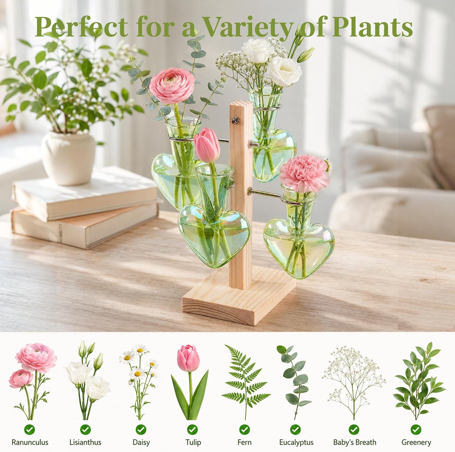 Plant Terrarium Propagation Stations: Green Vase with Wooden Stand | 4 Irised Crystal Glass, Heart Shaped, Home Table