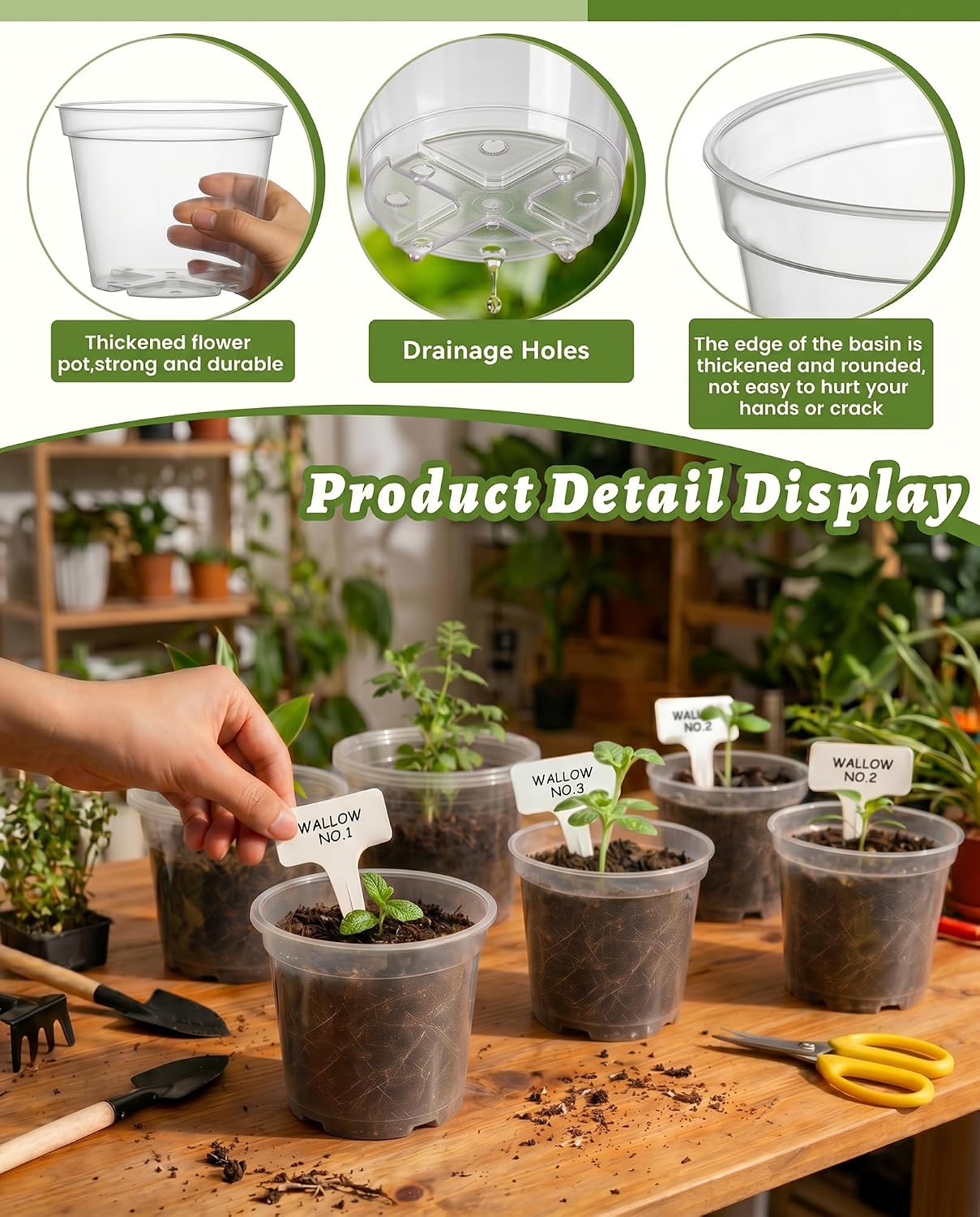 16 Pack 10/8/6/4 Inch Sizes Large Clear Nursery Pots with Drainage | Plastic Plant Pots with Garden Tools & Labels