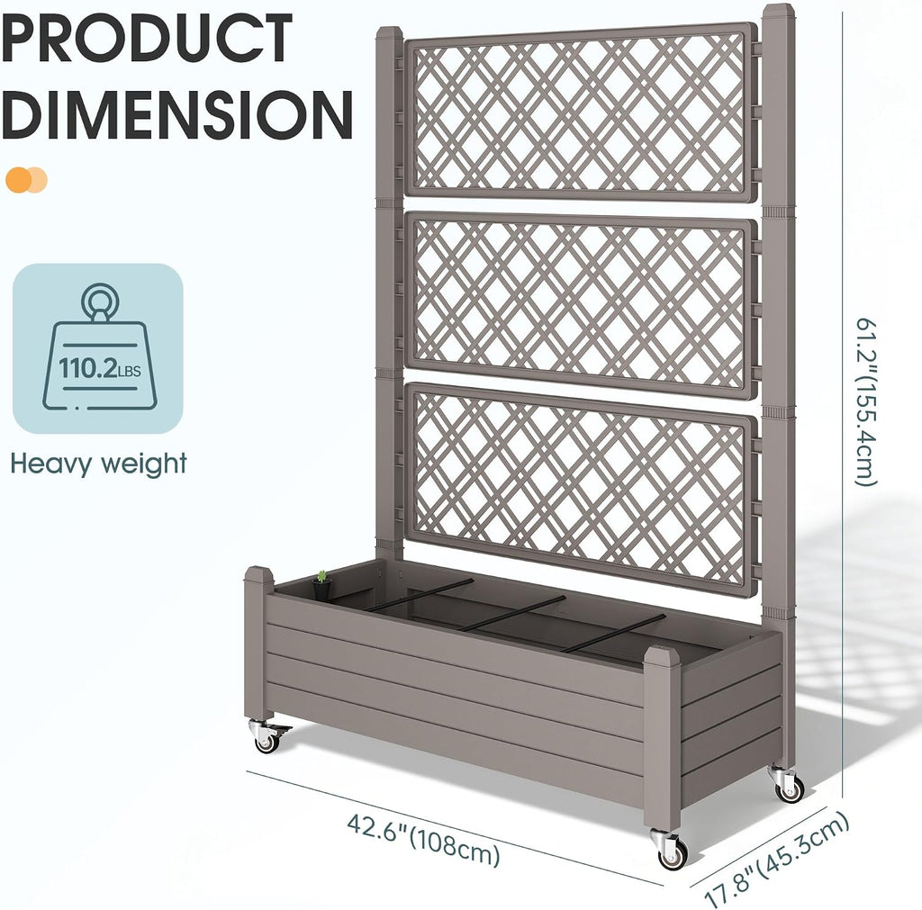 Resin Raised Garden Bed with Trellis and Wheels - Plasitc Planter Box with Trellis Outdoor with Drainage Holes & Water