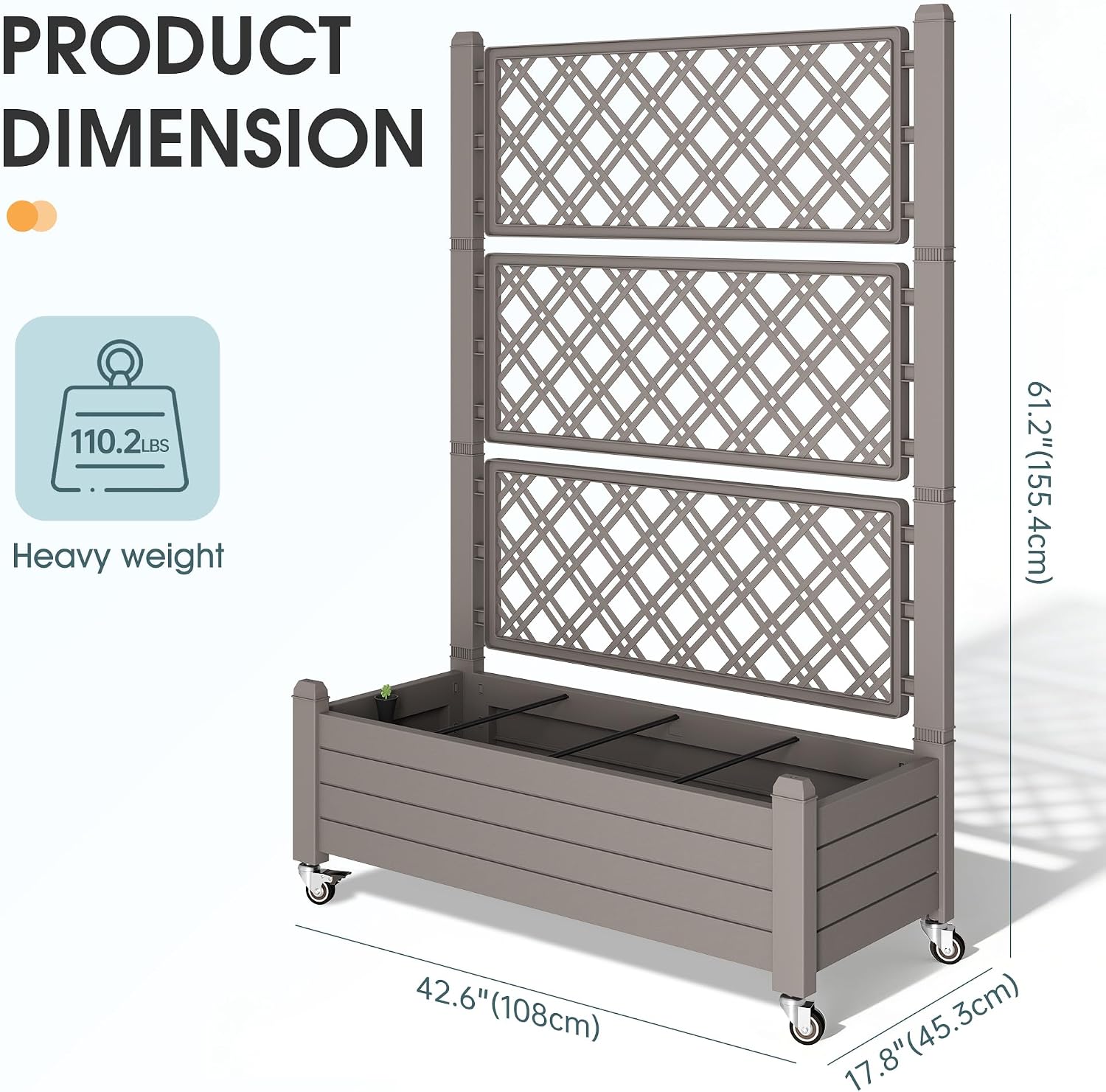 Resin Raised Garden Bed with Trellis and Wheels - Plasitc Planter Box with Trellis Outdoor with Drainage Holes & Water