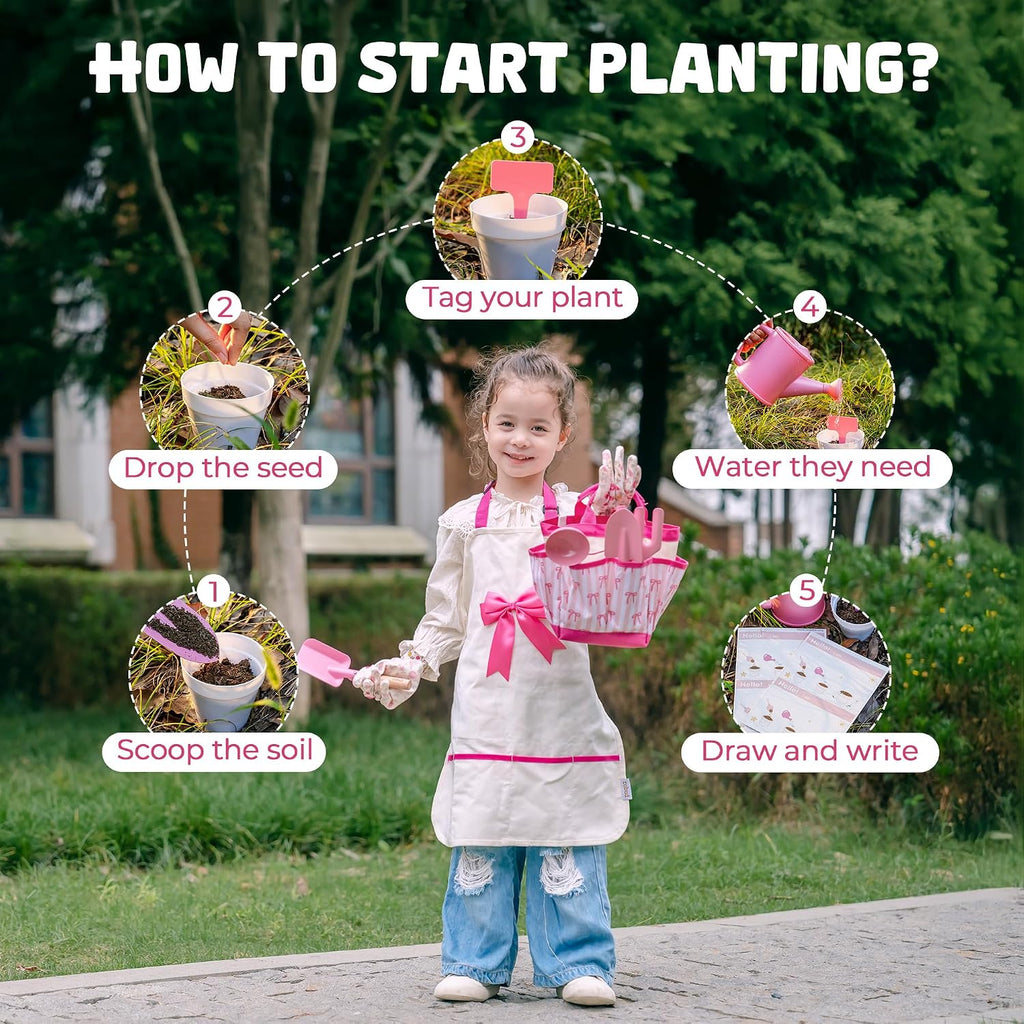 ROBUD Kids Gardening Set, Educational Outdoor STEM Gardening Toy Gift, Pink | 18 PCS Bow Theme, Storage Bag, Watering
