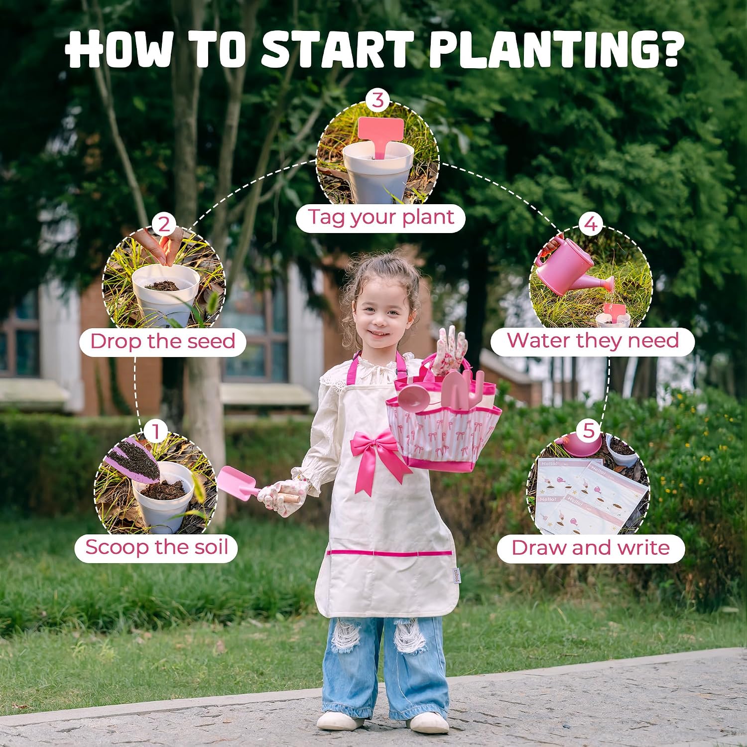 ROBUD Kids Gardening Set, Educational Outdoor STEM Gardening Toy Gift, Pink | 18 PCS Bow Theme, Storage Bag, Watering