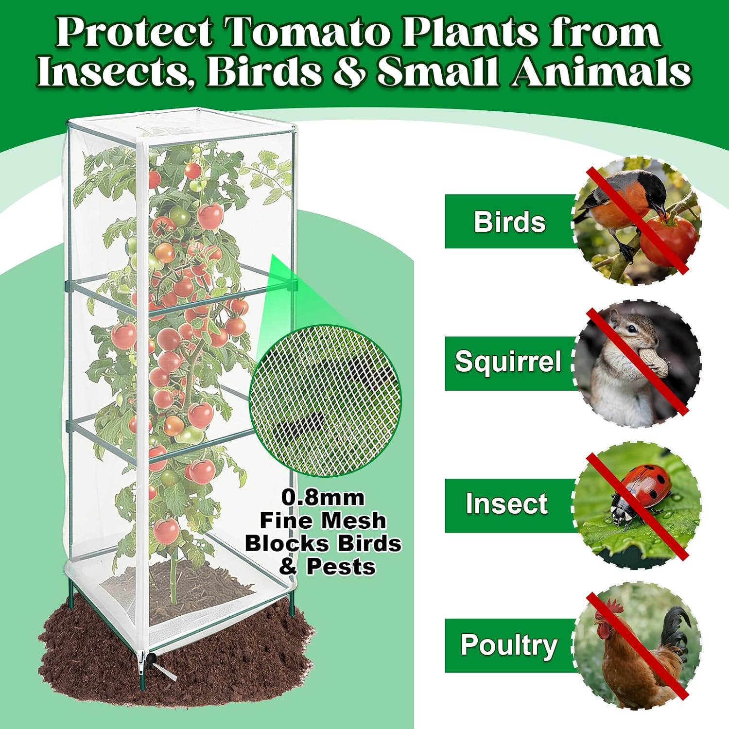 6 Pack Tomato Cage Netting Covers for Square Tomato Cages, 41.4" × 17.4" Fine Mesh Garden Netting with Easy-Access
