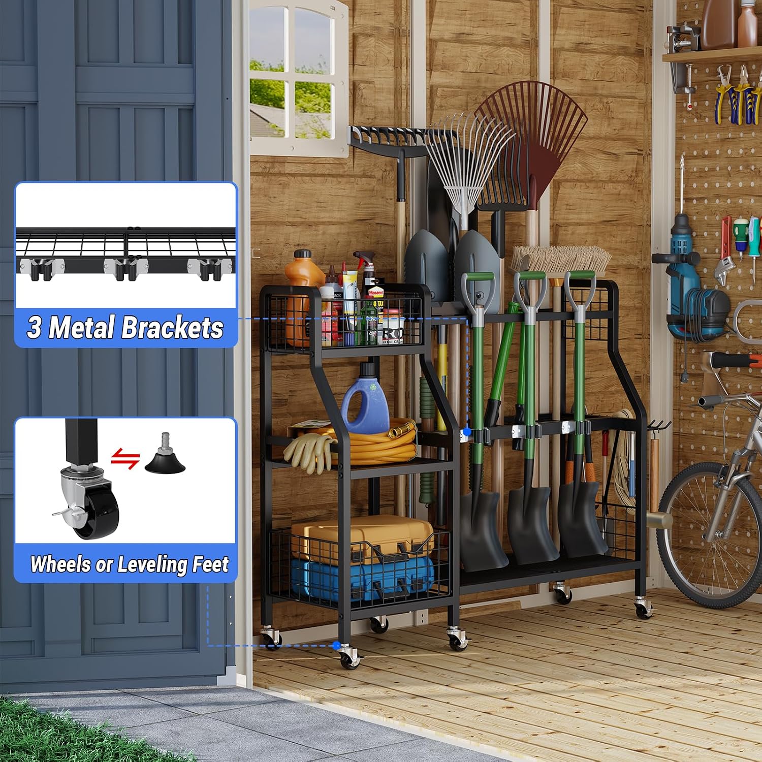 keomaisyto Heavy-Duty Garden Tool Organizer with 6 Wheels and 2 Baskets | 3 Lockable Casters, Large Metal Yard Tool
