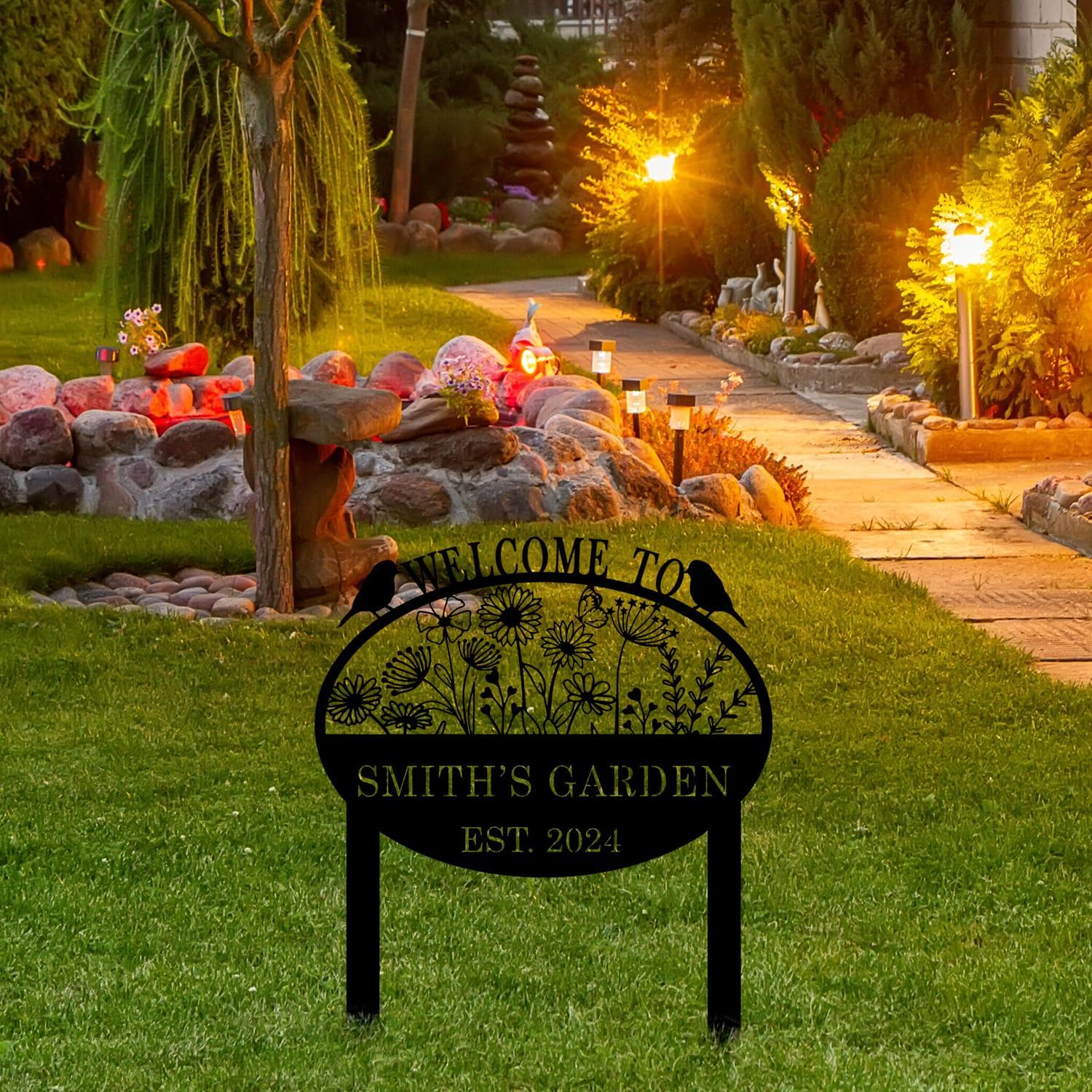Personalized Metal Garden Flower Sign with Stakes, Custom Garden Decor for Outdoor, Flower Sign Plaque, Yard Sign, Lawn