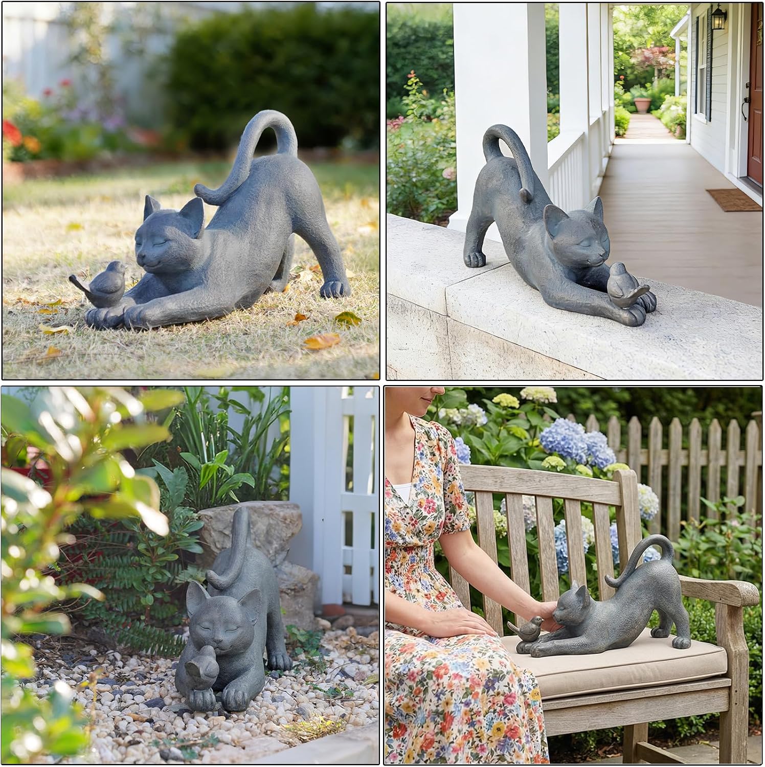 Cat Garden Statues Outdoor Cat-Figurines - Home Garden Decor 16 x 6 x 9.5 inch Resin Cats & Bird Playing Sculpture