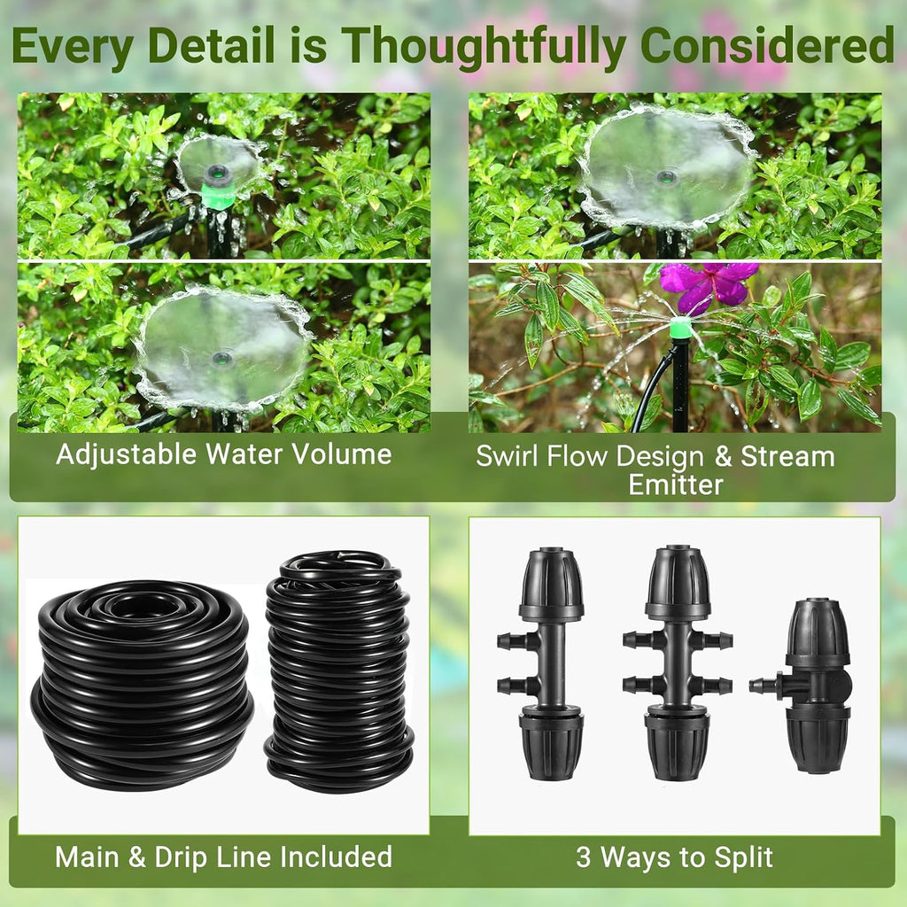 Drip Irrigation Kit for Garden, Raised Beds, Lawn - Adjustable Watering System with Drip Emitters, 5/16" & 1/4" Tubing