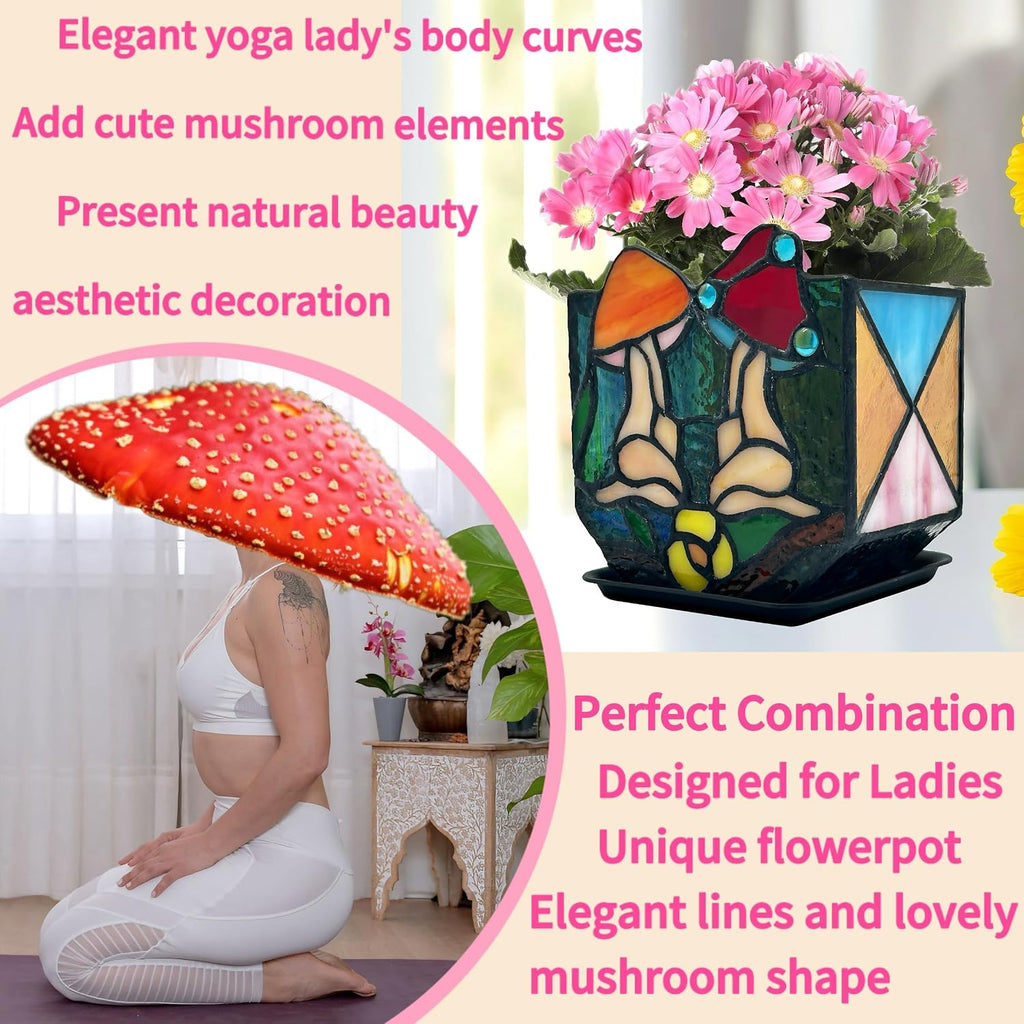 Mushroom Lady Body Plant Pots,Flower Pot with Drainage Hole, Stained Glass Mushroom Lady Yoga Pose Decoration