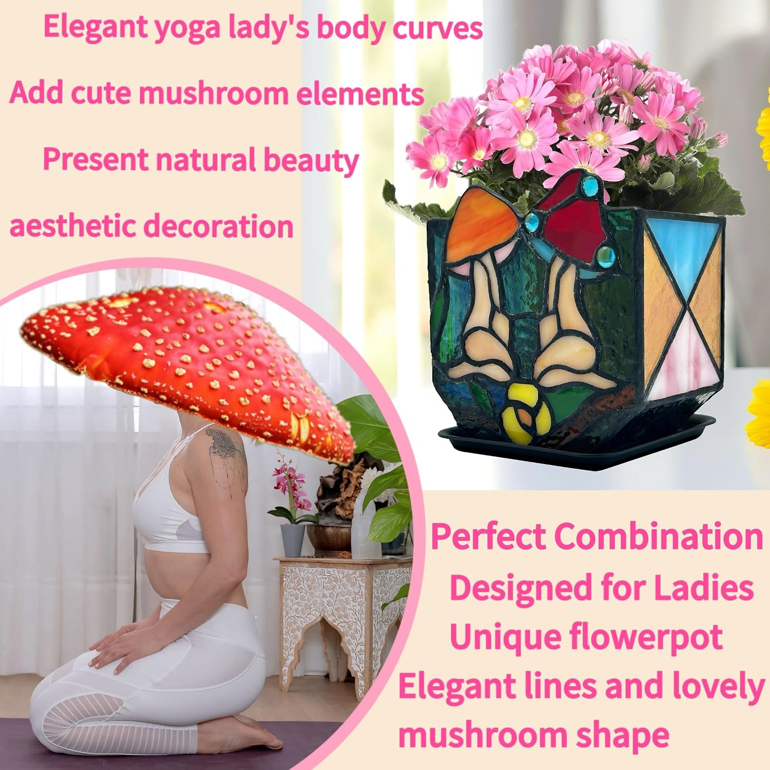 Mushroom Lady Body Plant Pots,Flower Pot with Drainage Hole, Stained Glass Mushroom Lady Yoga Pose Decoration