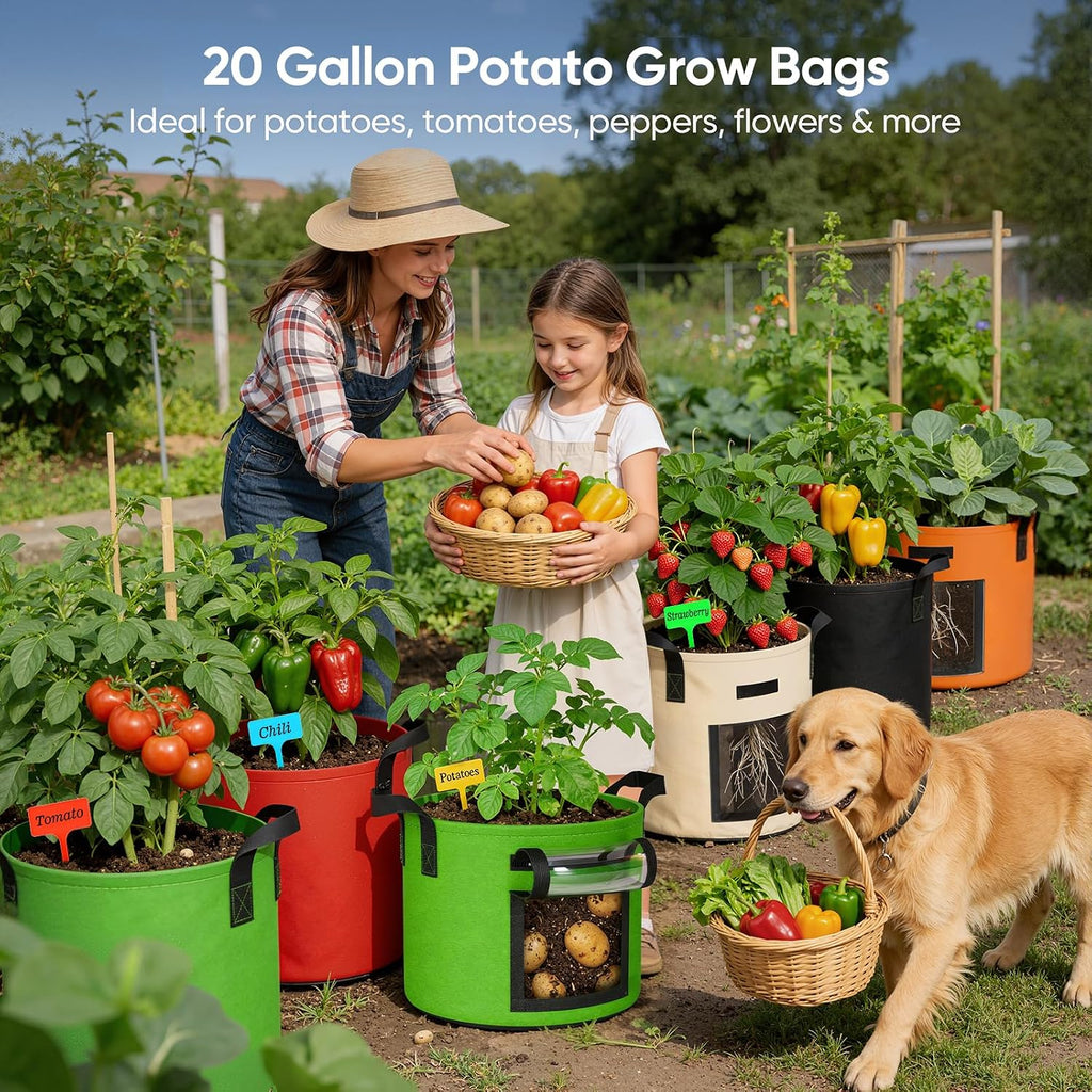 20 Gallon Potato Grow Bags: 5 Pack Colorful Gardening Supplies Fabric Pots | Clear Harvest Window & Durable Handles