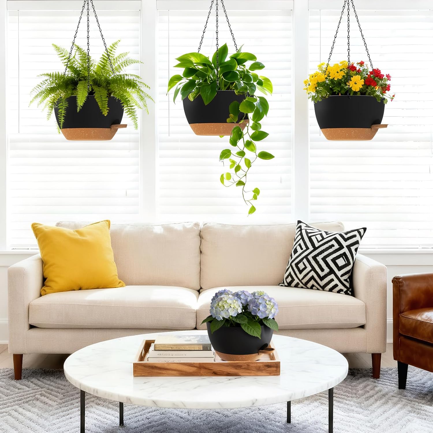 UOUZ Set of 3-10 Inch Self Watering Hanging Planters for Indoor Outdoor，Hanging Plant Pots with Drainage & Removable