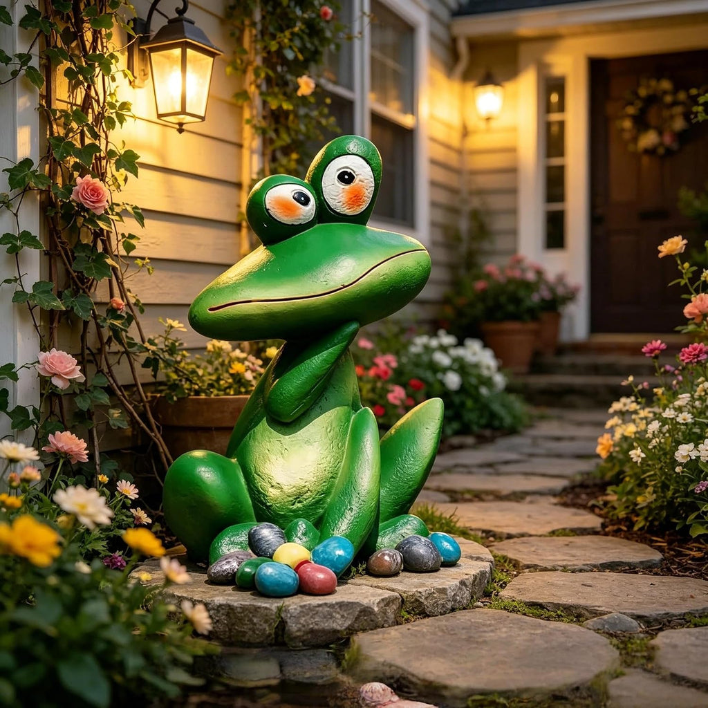 Large Outdoor Sitting Frog Statue - 9" Cute Garden Decor for Yard, Resin Animal Sculpture for Patio & Backyard