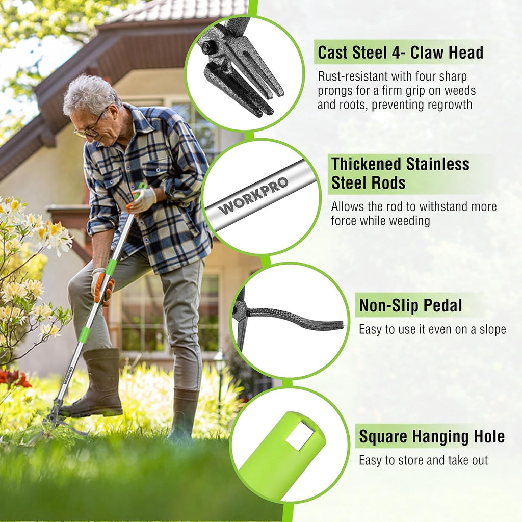 WORKPRO Weed Puller Tool with Long Adjustable Handle (33", 46") | Stand Up Weed Remover- 4 Claw Steel Head & Foot Pedal