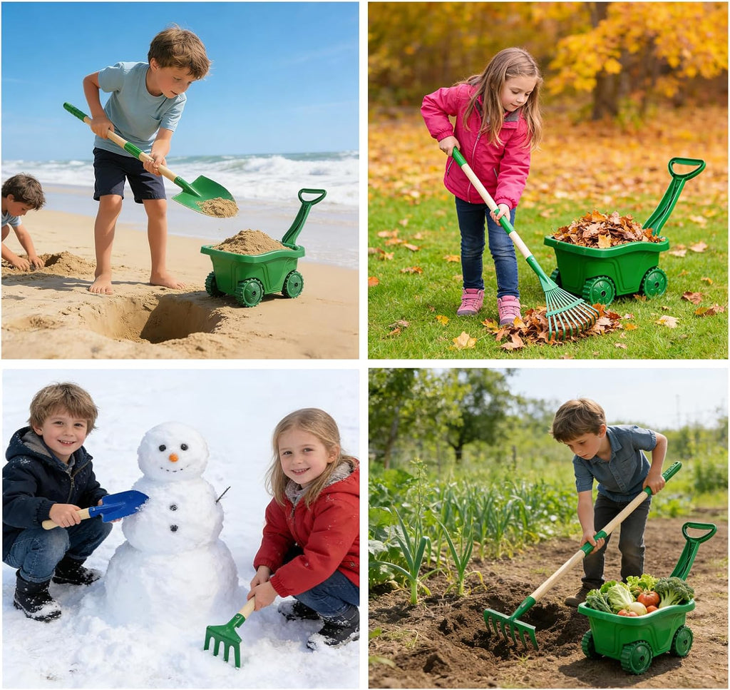 VICHTOP 10Pcs Kids Gardening Tools Set - Wheelbarrow Toys with Shovel, Rake, Hoe and Leaf Rake for Outdoor Backyard