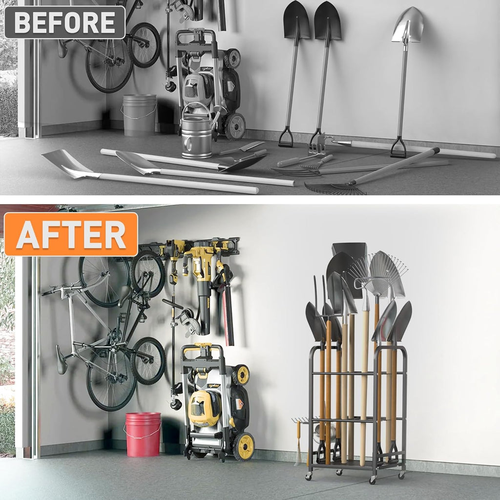 TORACK Garden Tool Organizer Stand with Wheels, Rakes Shovels Yard Tools Stand for Garage, Shed, Garden, Indoor/Outdoor