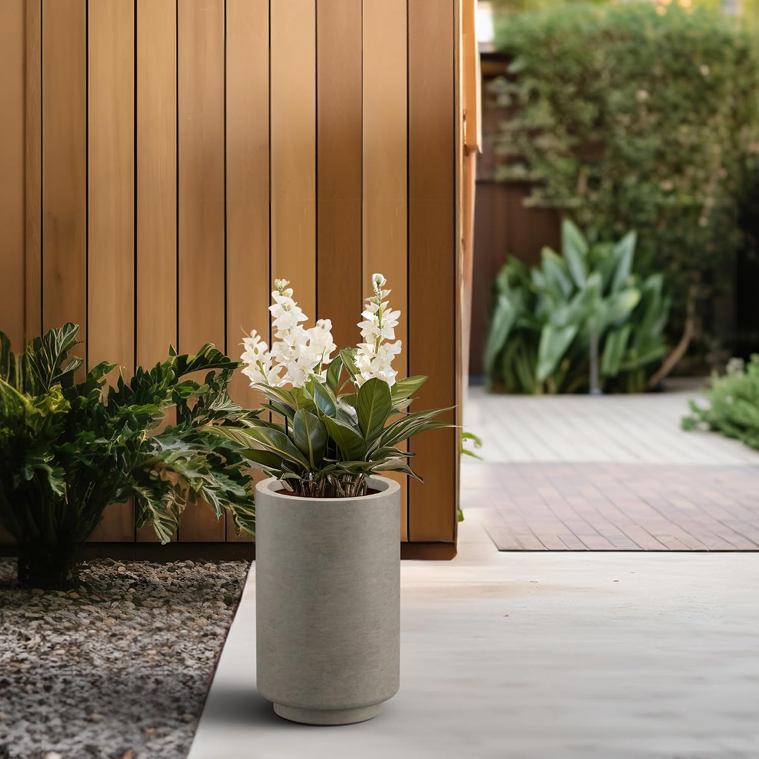 Kante Small Round Tapered Weathered Concrete Planter 15.7" Tall, Outdoor | Rubber Plug for Indoor, Drainage for Garden