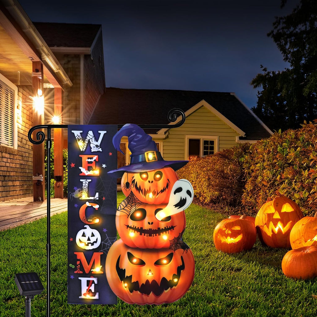 Halloween Lighted Garden Flag, Pumpkin Yard Decor, 12x18 In | Solar Powered, 8 Modes, Double Sided, Welcome Pumpkin