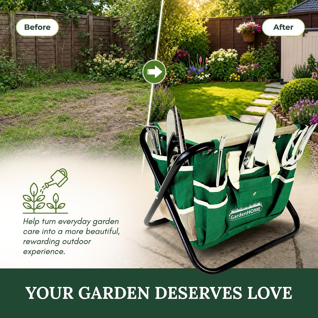 7-Piece Gardening Tool Set with Folding Stool and Storage Tote Bag, Stainless Steel Garden Tools with Wooden Handles