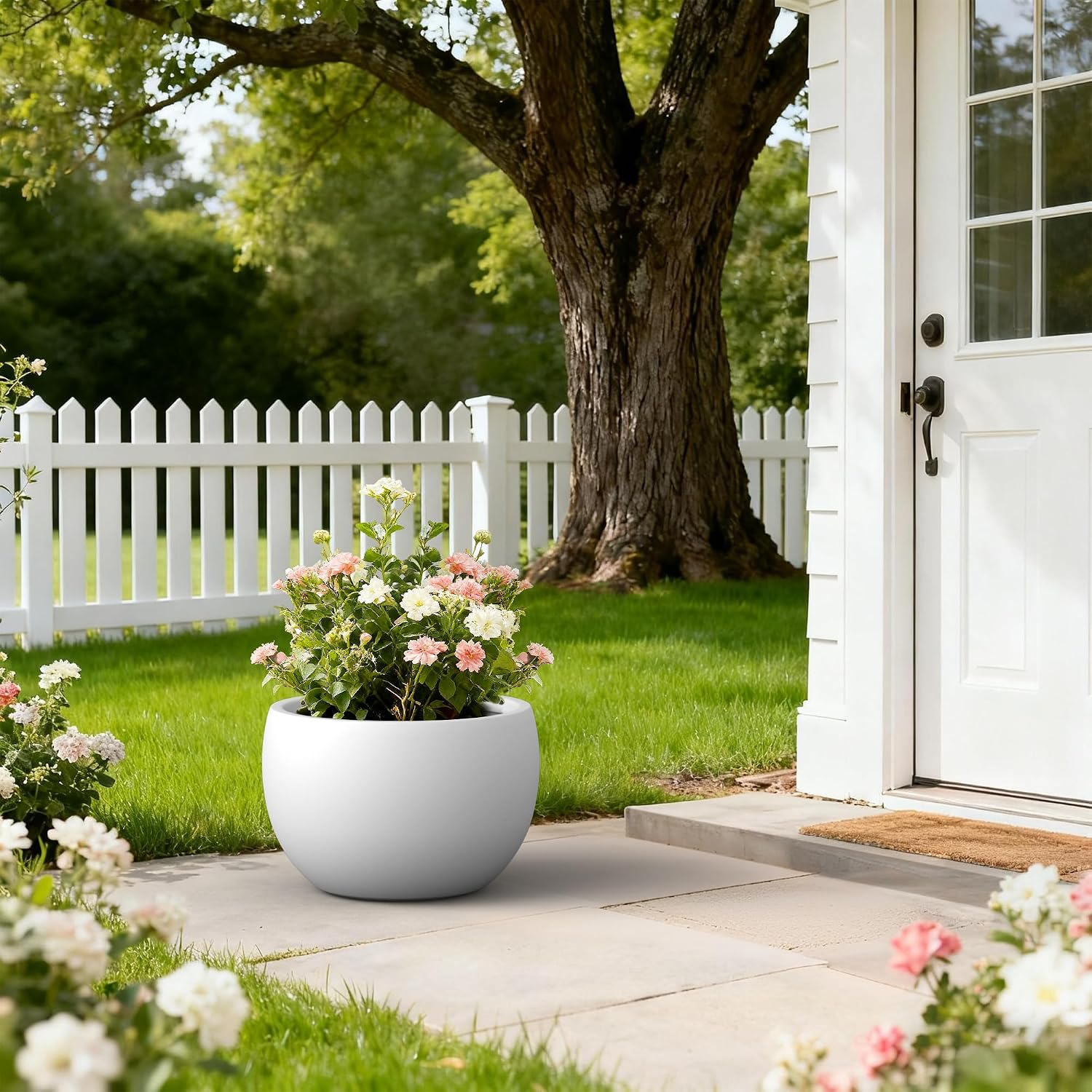 Kante Large Round Bowl White Concrete Planter 20" Dia, Outdoor | Rubber Plug for Indoor, Drainage for Garden