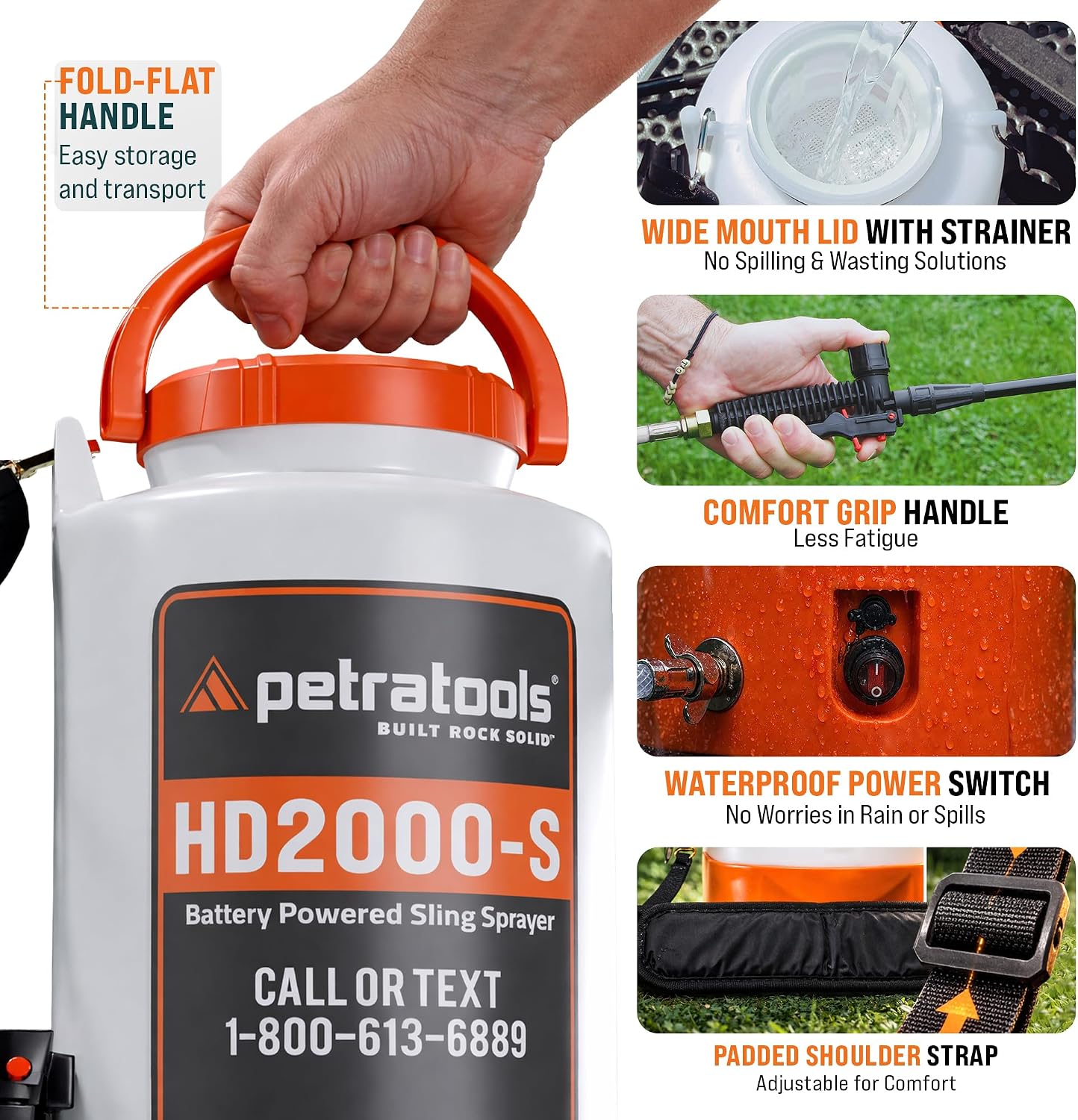 PetraTools HD2000-S 2 Gallon Battery Powered Garden Sprayer, 2 Hour Runtime | Weed Sprayer w/ 4 Ft Hose, Extendable