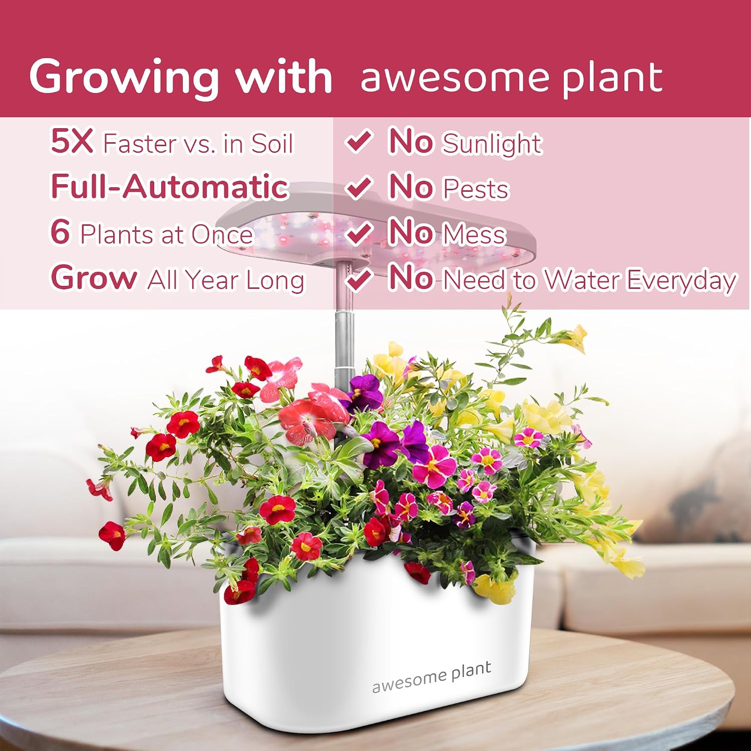 6Pro Hydroponics Growing System Kit (6 Pods), Indoor Garden Kit with 3L Watertank, 3 Grow Modes and Quiet Pump, Grow