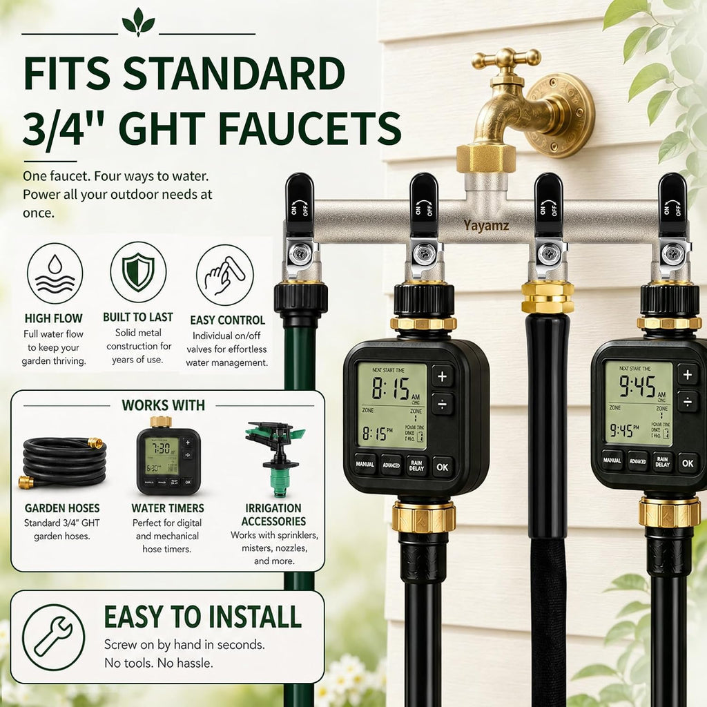 4 Way Garden Hose Splitter, 3/4" GHT Outdoor Faucet Splitter | Heavy-duty Solid Brass Body, Wide Spacing Fits Large