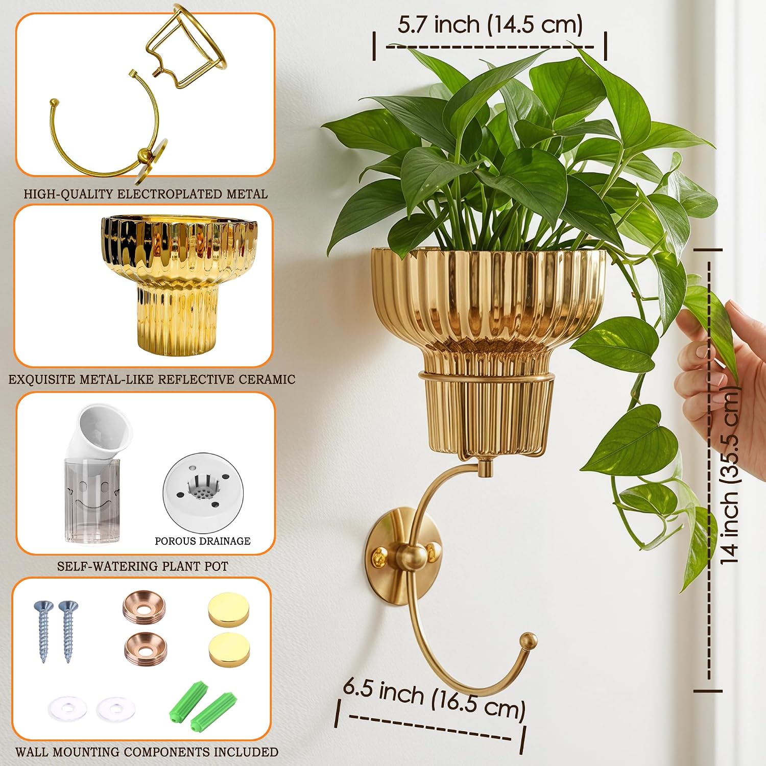 Hanging Plant Wall Vessel for Flowers with Hook, Indoor Outdoor Boho Bathroom Decor Wall Art Planter Mounted Vase (Gold)