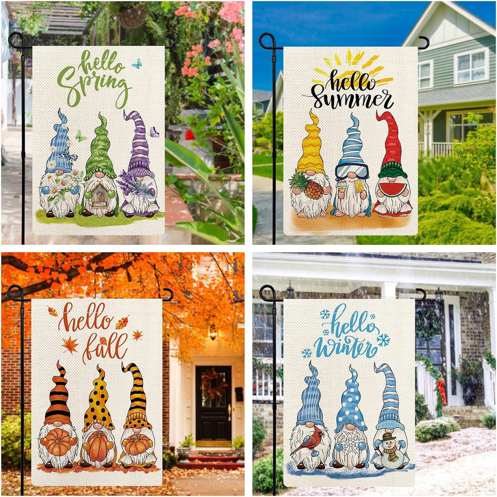 Gnomes Seasonal Garden Flags Set of 12, All Seasons and Holidays, Burlap, 12x18 inch, Double Sided, Fade Resistant