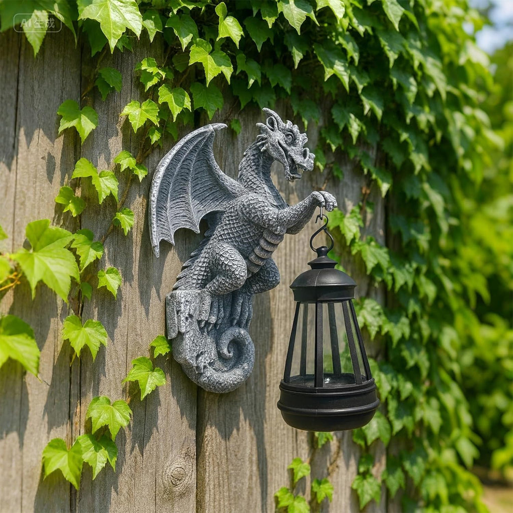 Solar-Powered Dragon Statue, 9 inch Outdoor Garden Decoration | Solar Light, Waterproof, Wall Hanging, Resin Sculpture