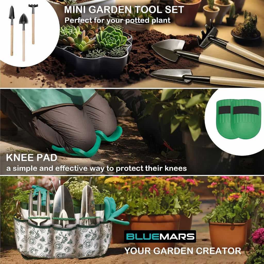 Bluemars Gardening Hand Tool Kit 14PCS Heavy Duty Stainless Steel Garden Tool Set with Floral Garden Tote -Outdoor