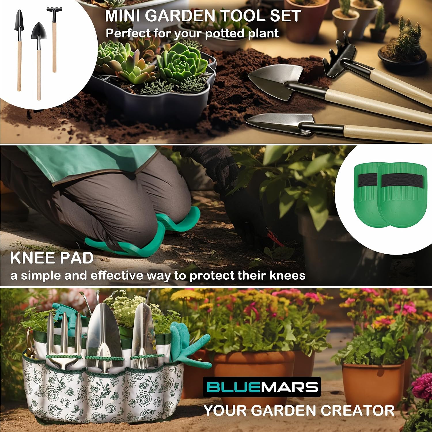 Bluemars Gardening Hand Tool Kit 14PCS Heavy Duty Stainless Steel Garden Tool Set with Floral Garden Tote -Outdoor