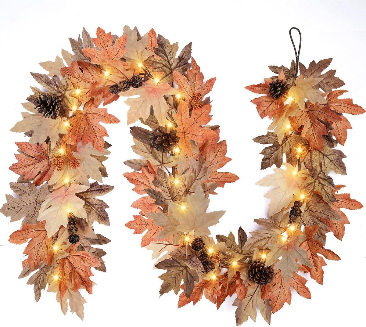 6 Ft Fall Garland with Lights & Timer, Thanksgiving Fireplace Mantel Decor