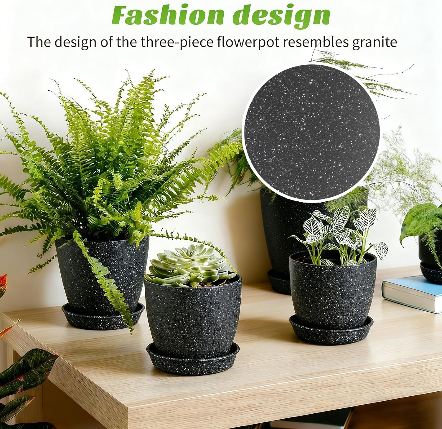10/9/8 Inch 3 Pack Speckled White Plant Pots with Drainage Holes and Saucers, Indoor Outdoor Decor Planters for