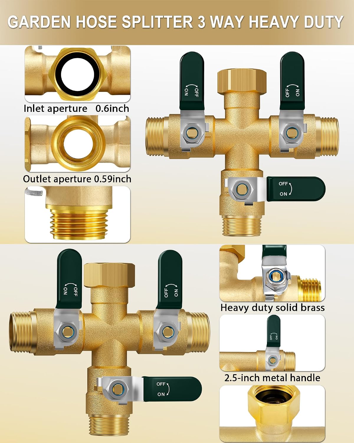 EBH Garden Hose Splitter 3 Way, Heavy Duty Solid Brass Hose Splitter with Shutoff Valves, Water Spigot Splitter With