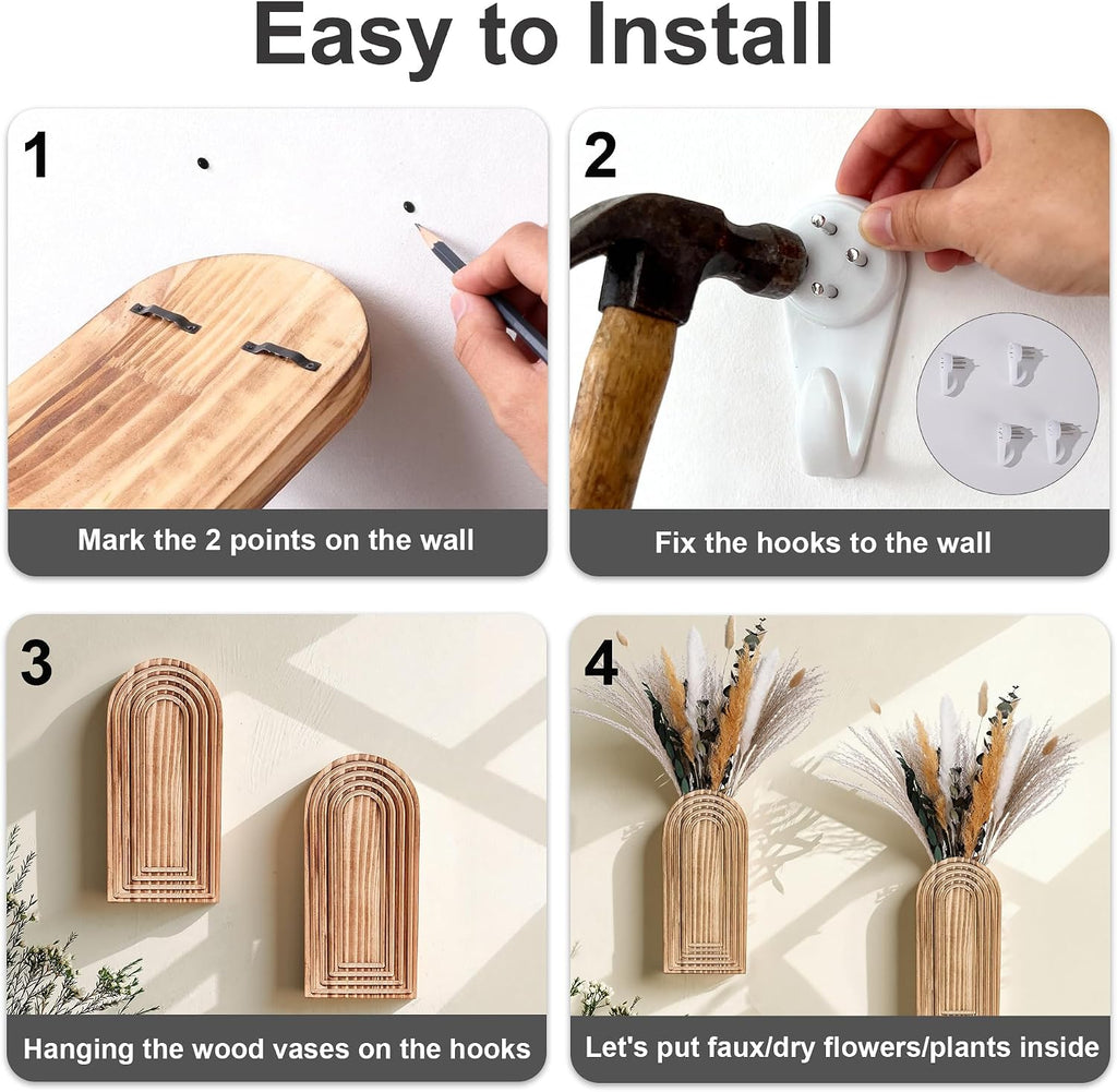 DREAMLOOM 2 Pack Wooden Wall Vases with Dried Pampas Grass and Eucalyptus Plants, Wall Hanging Planters Boho Modern