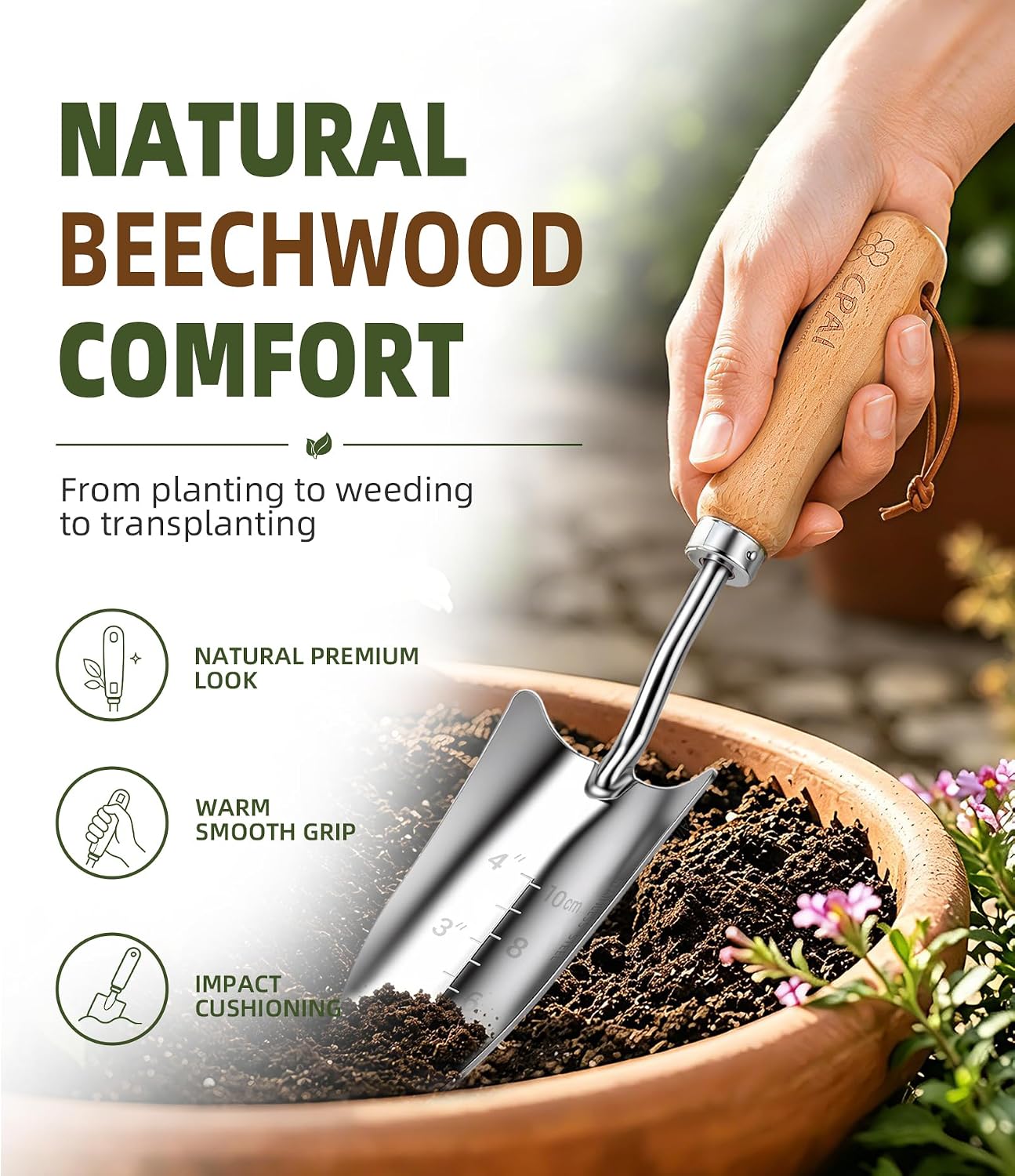 3-Piece Garden Tool Set, Stainless Steel Garden Trowel, Measurement Trowel and Hand Rake with Smooth Wooden Handles for
